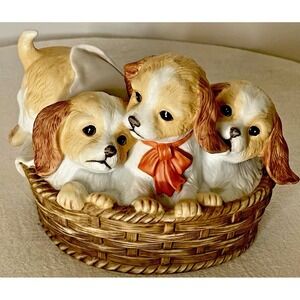 Vintage Homco 1990 Puppies In Basket Figurine Masterpiece Porcelain Dog Decor